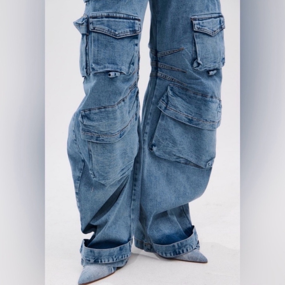 AKIRA Blue Denim Off-Shoulder Utility Style Jumpsuit - Picture 4 of 8